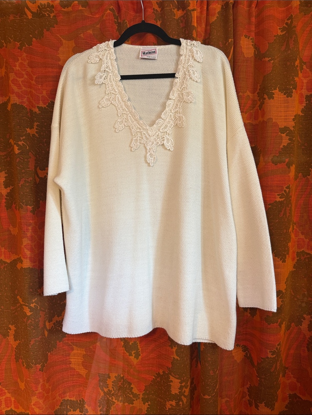 Vintage Cream V-Neck Lace Trim Sweater
